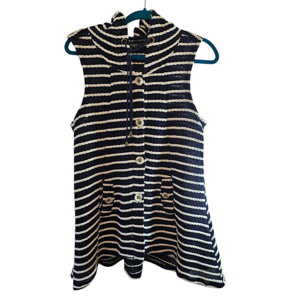FOR CYNTHIA NAUTICAL BLUE WHITE STRIPE SUMMER SAILOR HOODIE COVERUP SIZE MED
